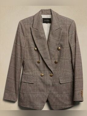 Banana Republic Factory Icon Plaid Double Breasted Military Style Blazer Taupe